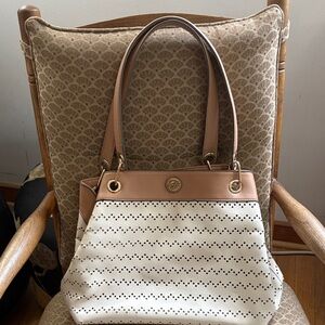Chic Tan and White Eyelet Tote Bag